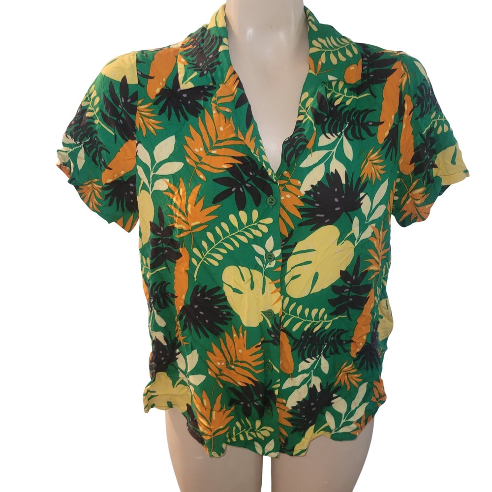 Modcloth Tropical Leaf Print Button Down Short Sleeve Shirt vacation travel L
